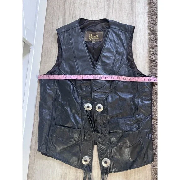 Davis James Black Leather Vest 42 Concho Biker Western Southwestern Lined USA